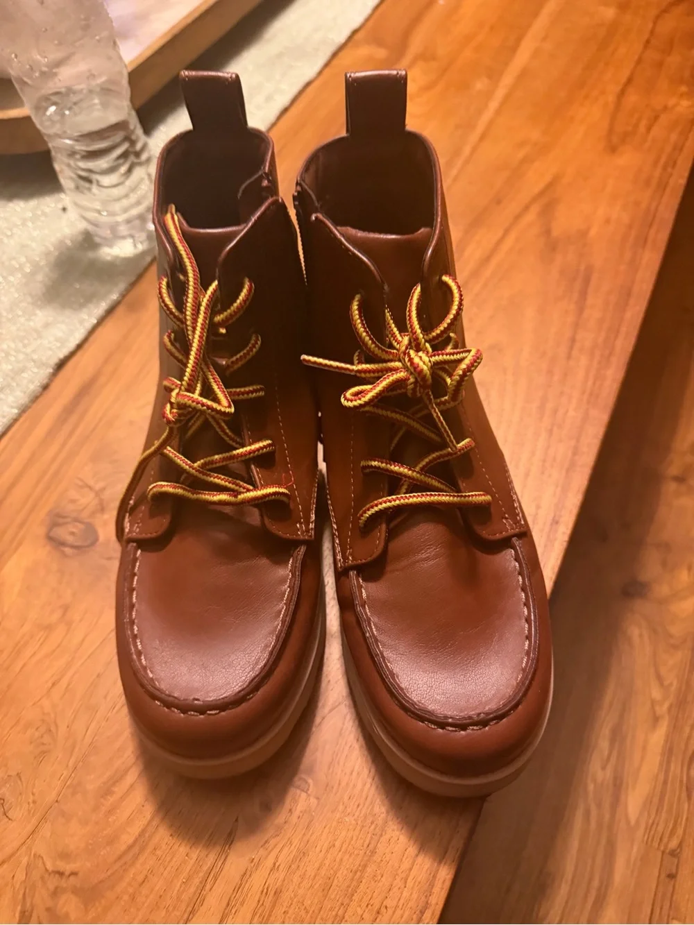 Cat & Jack Brown Kids Lace-Up Leather Boots with Yellow Accent Laces